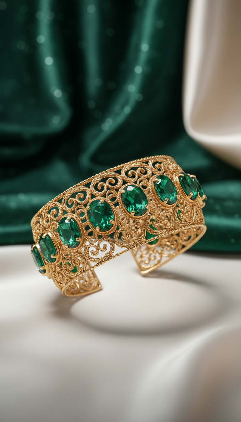 Gold Filigree Bracelet With Emerald Accents